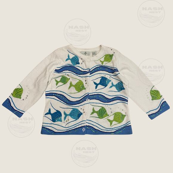 Vintage Design Options L Fish Sequin Cardigan | Rare Coastal Grandma Cottagecore - Picture 1 of 13